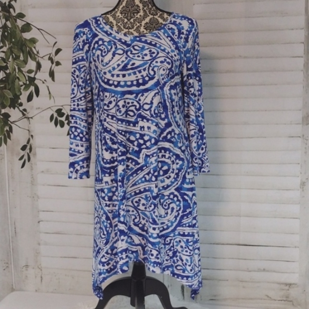 LBISSE Jersey Knit Paisley Asymmetrical Hem Dress, Size L